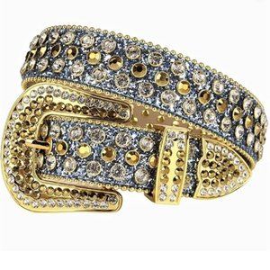 Rhinestone Belt - SUN031 - Light Blue Glitter Belt, Silver & Gold Rhinestones